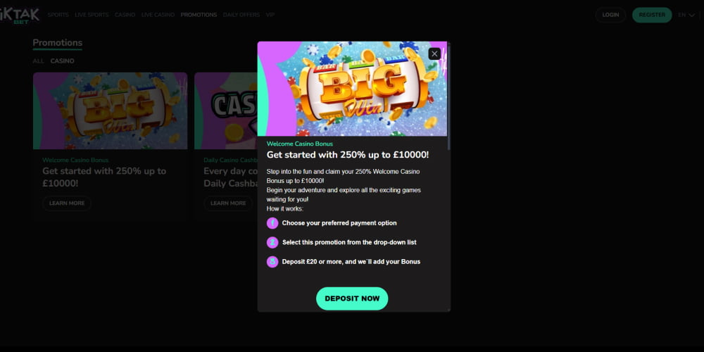 TikTak Bet casino bonus